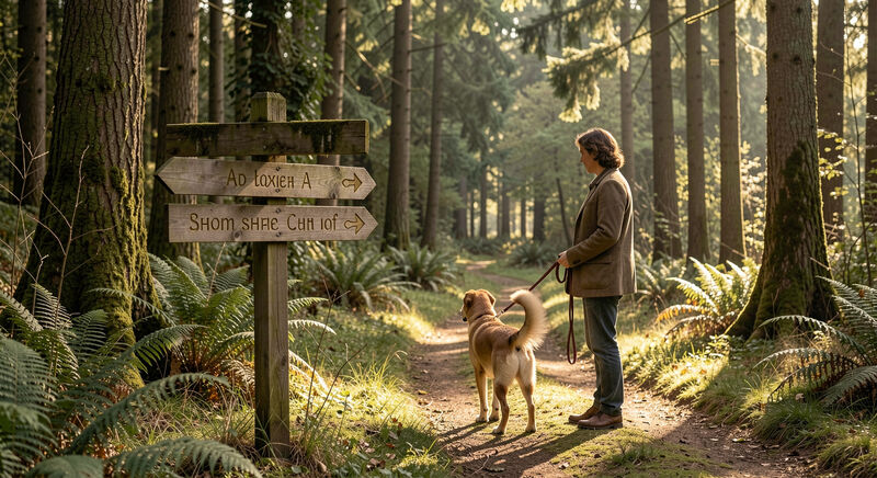 Ein hölzerner Wegweiser an einer Waldweggabelung im Morgenlicht, ein Mensch mit angeleintem Hund wählt die Richtung