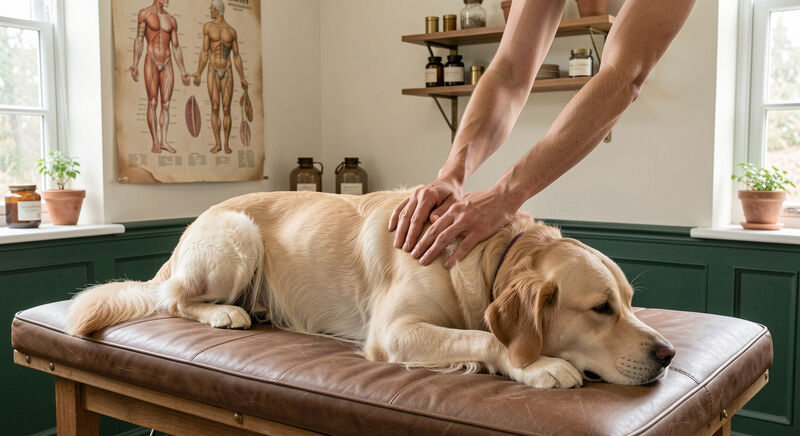 Zwei Hände untersuchen ruhig den Rücken eines liegenden Hundes auf einer Behandlungsliege in einem hellen Praxisraum
